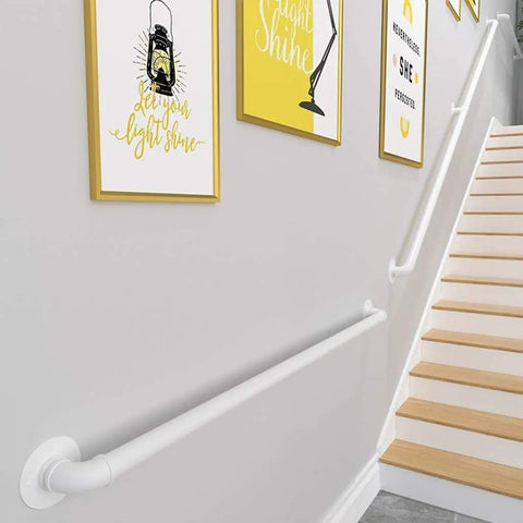 White Wrought Iron Stair Handrail With Heavy Duty Rust Proof Mounting Brackets For Indoor Outdoor Mobility Safety Grab Bar mounted beside stairs.