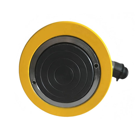 Front view of yellow hydraulic jack cylinder head with black center and side inlet