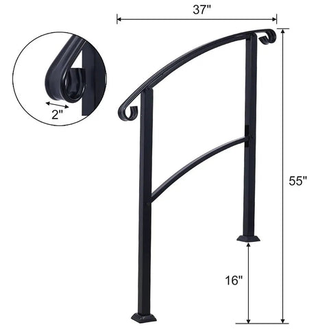 Rock Solid Wrought Iron Handrail For Outdoor Steps, Black Metal Stair Railing with curved grip, dimensions 37x55x16 inches.
