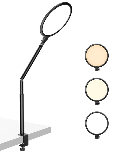 10.2 Inch Ring Light With Stand For Desk Setup 360 Degree Rotating Arm C Clamp Mount Flexible Height showing color temperature options