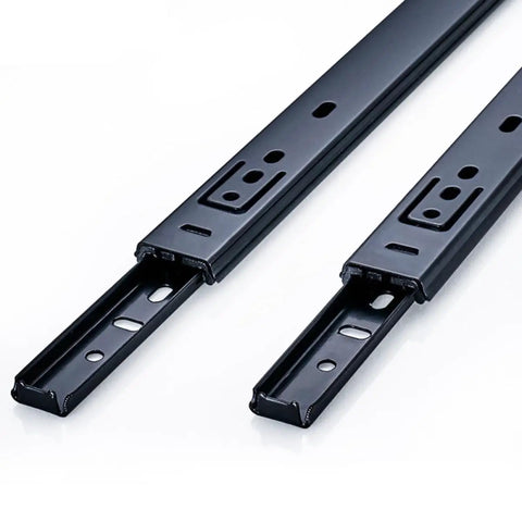Two Pair Heavy Duty Ball Bearing Drawer Slides With Soft Close Design Cold Rolled Steel Tracks For Dressers No Slamming Around Gear Plus Smooth Gliding Motion Every Time, close-up of rails.