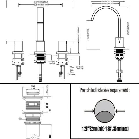 Technical diagram of Two Handles 8 Inch Widespread Bathroom Faucet in Brushed Gold Finish with Valve and Pop Up Drain