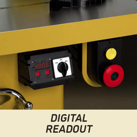 Rock Solid Shop Beast Five Horsepower Spindle Shaper With Massive Cast Iron Bed Digital Depth Gauge digital readout controls