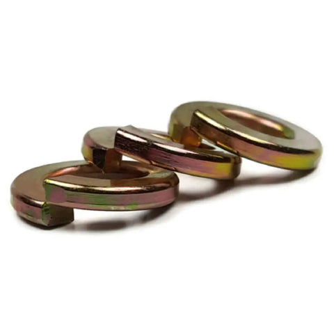 Heavy Duty Split Ring Lock Washers Grade 8 Industrial Strength showing three yellow steel washers stacked, perfect for nuts and bolts.