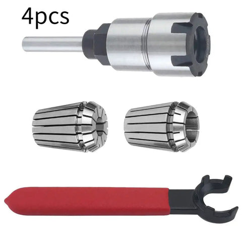 4 Pcs 1/4 Inch Shank Router Collet Extension Set With Chuck Converter Adapter Plus Wrench Spanner For Woodworking Power Tool Accessory Kit, parts shown including adapter and spanner.