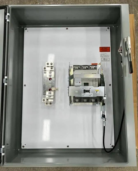 Heavy Duty Enclosed Circuit Breaker Delivers Straight Up Arc Flash Remediation 800 Amp 65K At 480 Volt Nema 3R Ul Certified, inside view of matte grey enclosure.