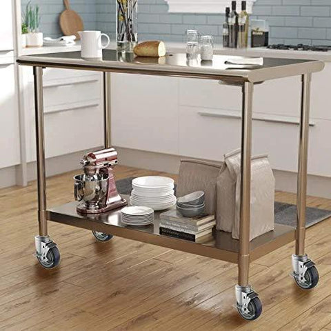 Stainless steel kitchen prep table with adjustable prep table casters for mobility, featuring brakes, expanding stem, and heavy-duty wheels.
