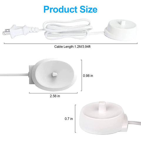 Universal Electric Toothbrush Charger Adapter For Oral B Models Waterproof Inductive Charging Replacement Power Cord Travel Ready No Fuss, Plug And Play Accessory That Keeps Your Brush Charged On The Go, shown in 3.94ft cable length, adapter size 2.56x0.98in and 0.7in