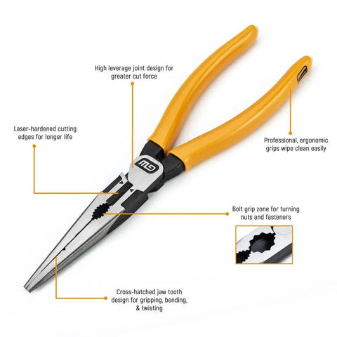 Close-up of a plier with high leverage joint, ergonomic orange handles, and aggressive teeth, part of 4 Piece Mixed Dipped Material Pliers Set With K9 Jaw Design High Leverage Joint 35 Percent More Cutting Power Aggressive Angled Teeth For A Beefy Grip Durable Slip Resistant Handles Pro Grade Hand Tool Kit.