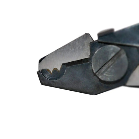Close-up of V-shaped opening on FO 103 D Series Dual Hole Fiber Optic Stripper for tech pros and electricians, black metal design.