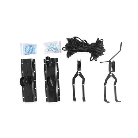Heavy Duty Overhead Hoist And Pulley System With Sixty Kilogram Capacity, mounting brackets, rope, hooks, and hardware components.
