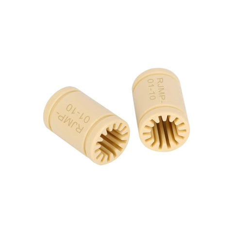 12 Pack Sealed Steel Linear Ball Bearings 10X19X29mm LM10UU Mini Slide Bushings For CNC And 3D Printers close-up of two beige plastic bushings.