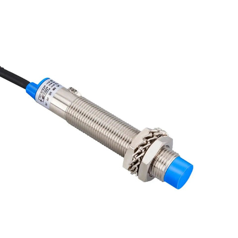 Metallic M12 capacitive proximity sensor switch for industrial use with 6-36V DC, NPN PNP NO NC output, ideal for machinery automation.