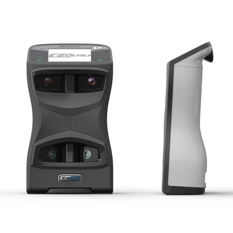 Front and side view of GCQuad Golf Launch Monitor with quadrascopic four camera system for precise ball and club head data.
