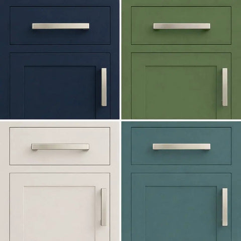 Multiple kitchen cabinets with 76.2mm Brushed Nickel Cup Pulls for cabinets and drawers classic farmhouse kitchen cabinet handles.