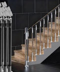 28 Pc Clear Acrylic Safety Rails For Outdoor Steps And Decks, Weatherproof Stair Balusters With A No Sweat Install, Straightup Durable Guards That Really Kick Up Your Patio Vibe next to wooden stairs.