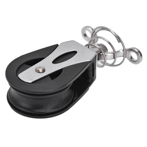 Beefy Nylon Swivel Sheave Block Pulley For Marine Rigging And Fitness Gear, 316 stainless steel with black nylon wheel close-up view