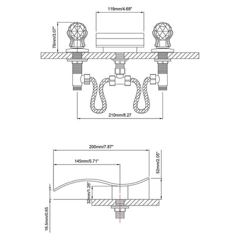 Technical drawing of widespread bathroom sink faucet with crystal knob for 3-hole waterfall vanity faucet, deck mount, solid brass construction