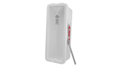 Tough As Nails Outdoor Fire Extinguisher Cabinet Weatherproof Lock Box Wall Mount Keeper With Safety Hammer, durable polymer construction, open view.