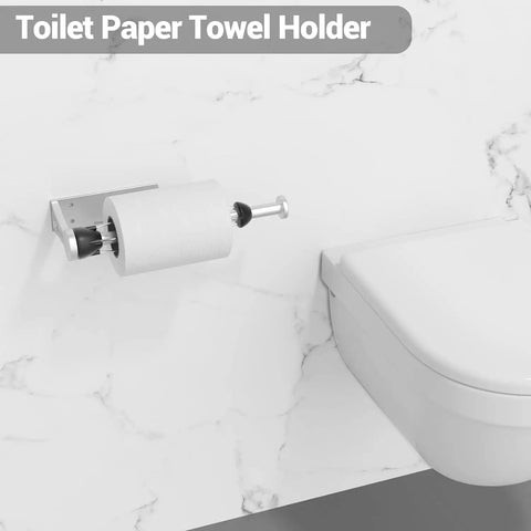 Wall-mounted toilet paper holder beside toilet in a bathroom setting with a marble wall background.
