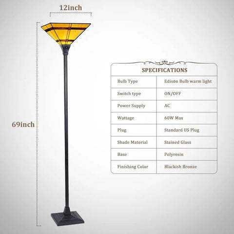 Stained Glass Tiffany Style Torchiere Floor Lamp 69 Inch Tall Cream Brown Antique Uplight With Totally Handmade Shade And Resin Base For Living Room Bedroom Office Farmhouse Decor next to specifications chart