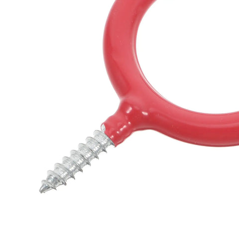Real Deal Heavy Duty U Shaped Garage Storage Hooks For Shovels And Rakes Vinyl Siding Screw In Metal Wall Mount Hangers close-up of U hook with red coating and screw.