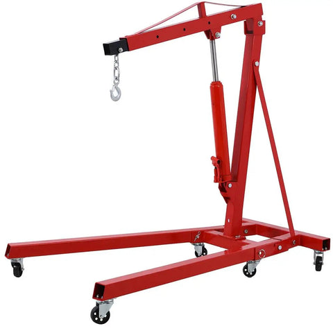 Heavy Duty Two Ton Hydraulic Engine Hoist And Foldable Cherry Picker Shop Crane With Roll Around Caster Wheels Rust Resistant Steel Lifter showing mobile design and hydraulic mechanism.