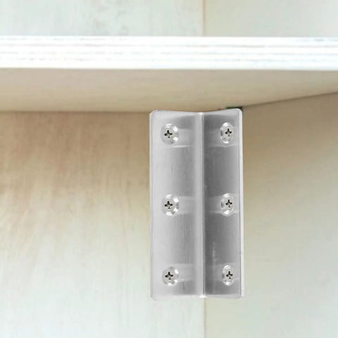 Heavy Duty Stainless Steel L Shaped Corner Brackets 8 Pack 90 Degree Angle Braces for furniture, shown reinforcing a cabinet corner.