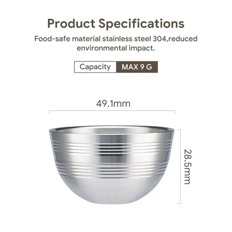 Reusable Stainless Steel Coffee Pods Kit for Nespresso Vertuo Next Plus POP VertuoLine Three Aluminum Shells 230ml Capacity Eco Friendly Refillable Capsules With Scoop And Brush, showing single stainless steel pod, dimension 49.1mm x 28.5mm, max capacity 9g.