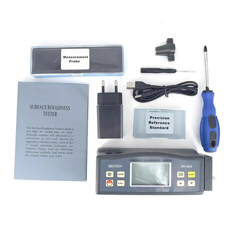 Rugged Pro Grade Surface Roughness Tester Profilometer For Heavy Industry And Aerospace Ra Rz Measurement, Portable Surface Metrology Meter With Inductive Sensor, Built In Battery, Manual And Auto Off Modes, with accessories including manual, probe, charger, and screwdriver.