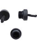 DIN Tank Valve Dust Plug Cap Protector End Cap with Cord, three views, textured black finish, scuba diving regulator cover.