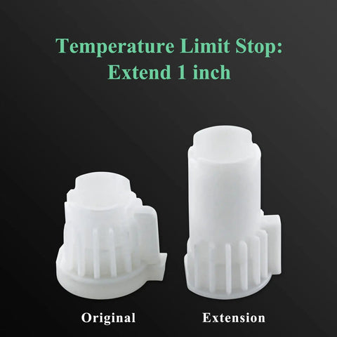 Handle Extension Kit For Posi Temp Single Handle Tub And Shower Faucet Chrome 1 Inch Thick Wall Extension Includes Brass Stem Extension Fits 1222 Cartridge No Fuss Retrofit Replacement shown with comparison of original and extended temperature limit stop components