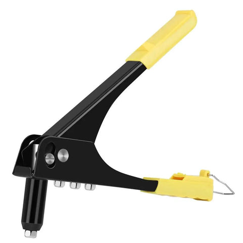Manual Lightweight Riveter Kit Go To With Four Interchangeable Heads 2.4mm 3.2mm 4.0mm 4.8mm Heavy Duty Hand Riveting Tool With Spring Handle And Long Nozzle For Tight Spaces Like Gutters And Inner Wall Cavities. black manual riveter with yellow handle and four heads