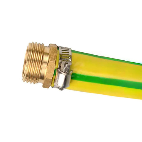 Two Pack Brass Five Eighth Inch Garden Hose Connector Kit With Male And Female Fittings And Clamps shown on a hose end