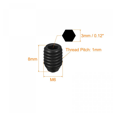 Built Tough M6 X 8mm Ball Point Set Screws With Spring Loaded Plunger 10 Pack High Carbon Steel showing detailed dimensions and thread pitch.