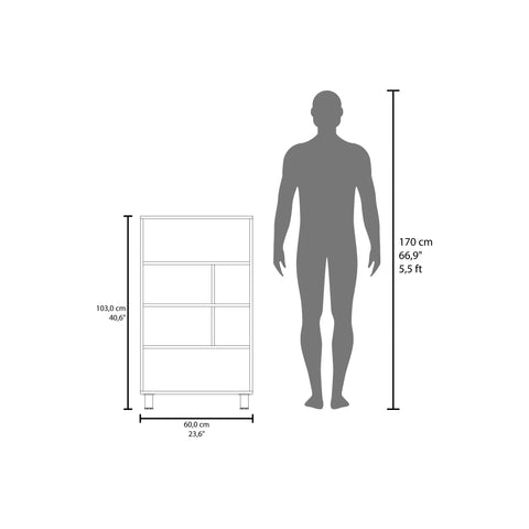Size comparison of Six Shelves Narrow Storage Cabinet For Living Room And Kitchen, Scratch Resistant Bookcase beside human silhouette.