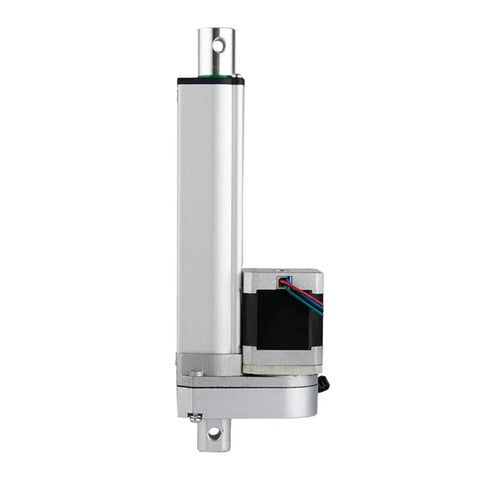 Pro Level Nema 17 Stepper Linear Actuator DC Electric Push Rod with silver body, showing side view and wiring details.