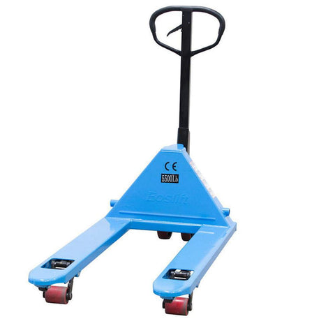 Industrial Manual Pallet Jack Truck Built Like A Badass Workhorse To Move 5500 Pounds Without Breaking A Sweat And Fitted With Durable Polyurethane Steel Wheels For Stress Free Logistics Hauling - blue pallet jack with polyurethane wheels.