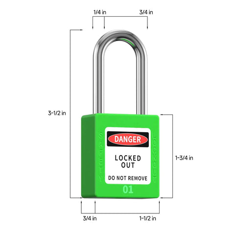 Heavy Gauge Stainless Steel Lockout Tagout Padlocks With 5 Pack Keyed Different Green Safety Locks And OSHA Compliant Lototo Set Offering Dual Keys, 3-1/2 inch size.