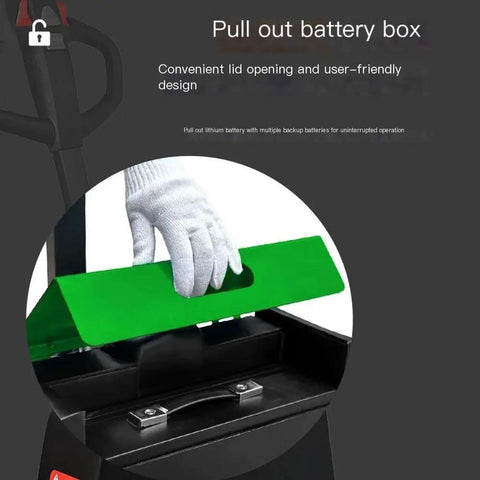 Pull out battery box of Top Tier Electric Pallet Jack With Big 3300 Lb Load and Long Run Lithium Battery for easy access.