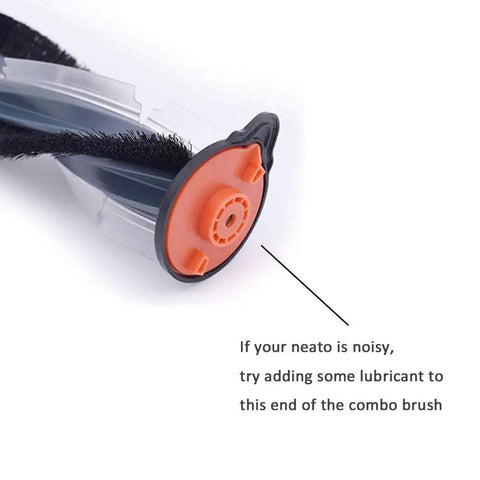 Close-up of orange end of replacement main brush for Neato Botvac D Series and Connected Series robotic vacuum cleaners.