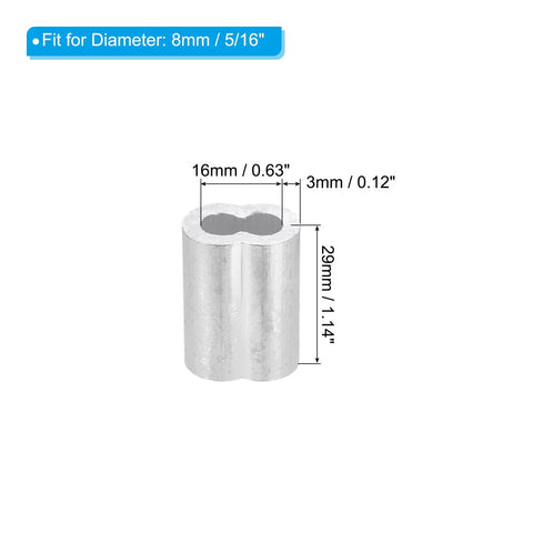 Aluminum Built Tough Crimping Loop Sleeve Double Ferrule For Wire Rope Ends, 5/16 Inch (8mm) Diameter, Inner 18mm, Overall 29mm, 3mm Thick, Silver Finish, 25 Pc Pack, Heavy Duty End Fittings For Marine, Construction And DIY, silver sleeve with 8mm fit