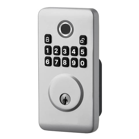 Hassle Free Fingerprint Door Lock With Silver Biometric Deadbolt And Auto Locking For Rapid Keyless Entry and key code panel.
