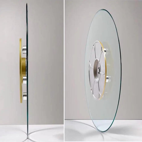 Flawless Finish Tempered Glass Lazy Susan And Smooth Gliding Rotating Serving Tray from side angle showcasing glass and steel base.