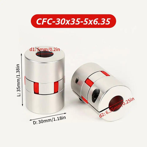 Two Pack Plum Flexible Shaft Couplings 5mm To 6.35mm Bore, 30mm Diameter, 35mm Length, Aluminum, shown with measurements.
