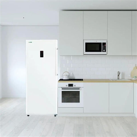 14 Cubic Foot Upright Freezer Refrigerator In Stainless Steel, Convertible Frost Free Cabinet with shelves in modern kitchen.