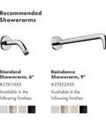Standard and Raindance shower arms for Rain Showerhead With Air Infusion Three Spray Modes BalanceAir Whirl RainAir in chrome finish.