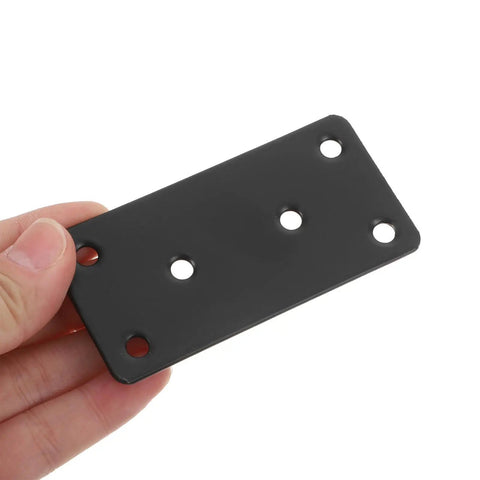 Stainless Steel Flat Straight Brackets With Screw Holes Six Pack Heavy Duty Metal Joining Plates held in hand close-up