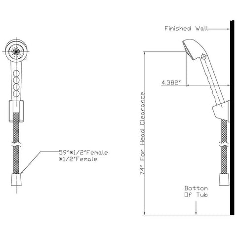 Technical diagram of RV And Mobile Road Trip Ready Shower Valve With Hand Held Shower Kit showing dimensions and wall mount details.