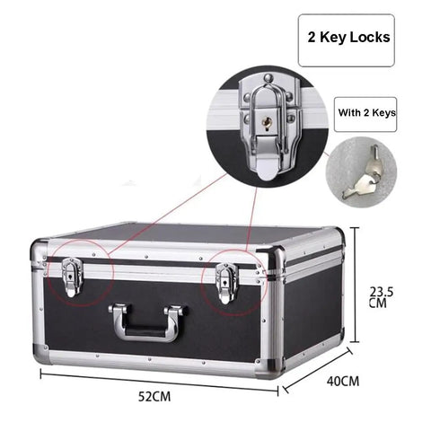 Front view of Large Aluminum Alloy Tool Case With Locking Latch, Industrial-Grade Rugged Shockproof Instrument And Meter Box, 52x45x25.5cm.